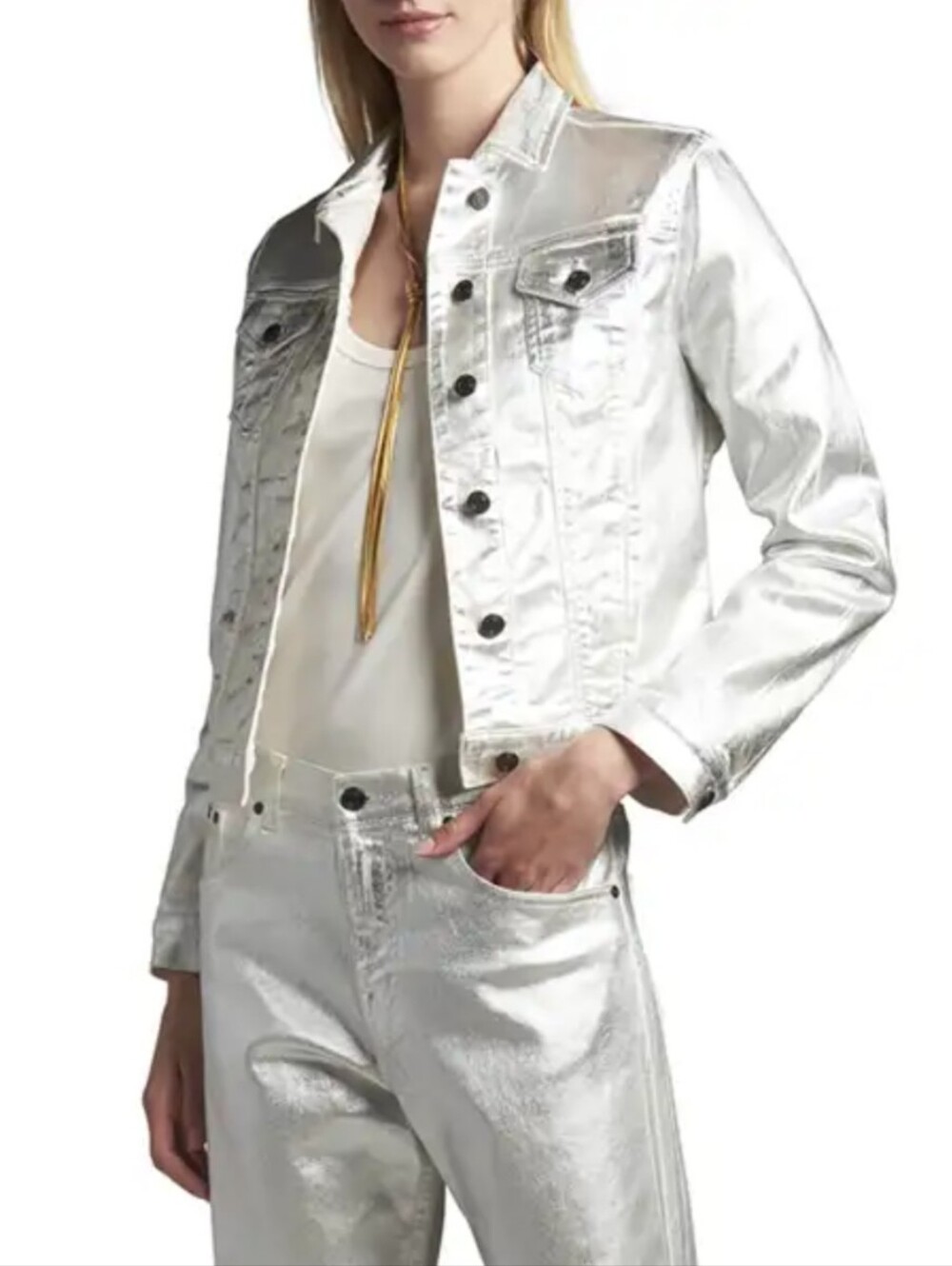 Tom Ford Women’s Silver And White Metallic Denim Jacket US Sz M No Tag Sample